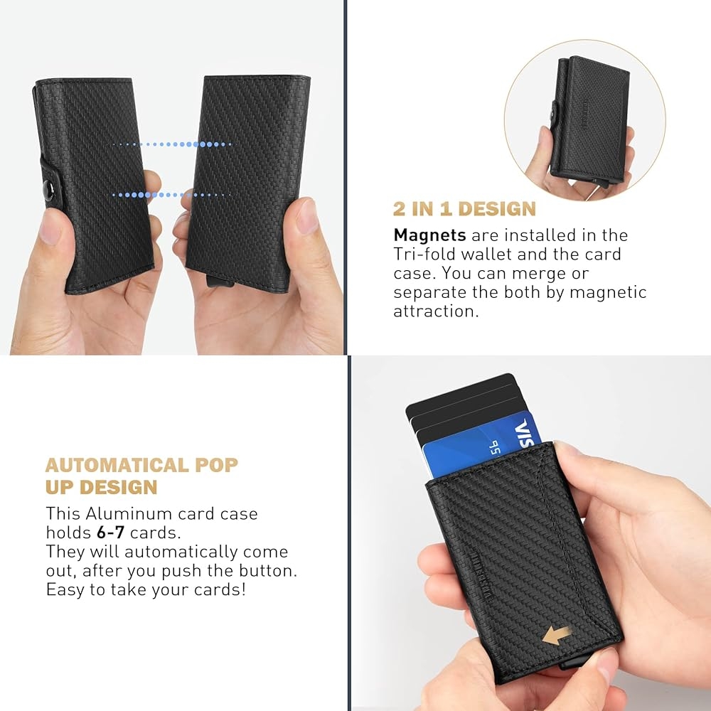 DODENSHA Credit Card Holder Wallet Men s Small RFID Blocking With Coin Compartment Money Slot Pop Up Card Holder For 8 10 Cards 2 in 1 Design Carbon Black Black Minimalist Amazon de Fashion