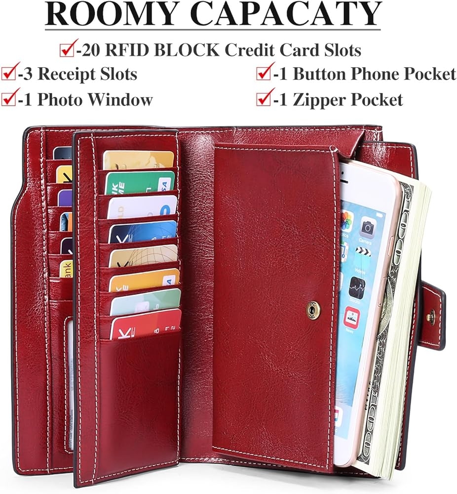 Sendefn Women s Leather Large Purse RFID Protection Women s Large Purse Many Compartments Long Wallet With 20 Card Slots And Mobile Phone Compartment 5156 Red Amazon de Fashion